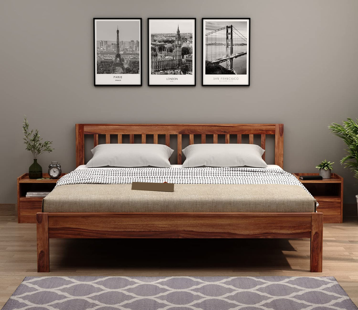 Rukmaajeee Sheesham Wood King Size Bed Without Storage | Wooden Double