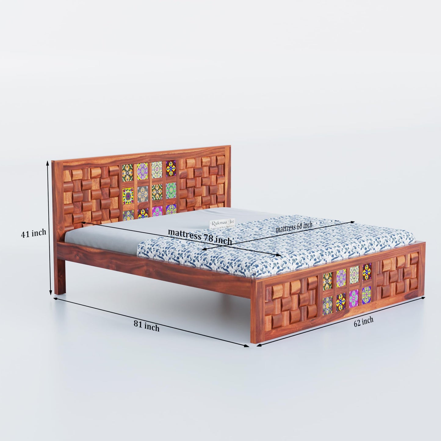 Rukmaajee Solid Sheesham Wood King Size Bed | Niwar Tile Headboard