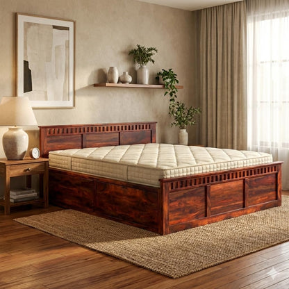 Rukmaajee King Size Bed with Solid Sheesham Wood Frame, Walnut Brown