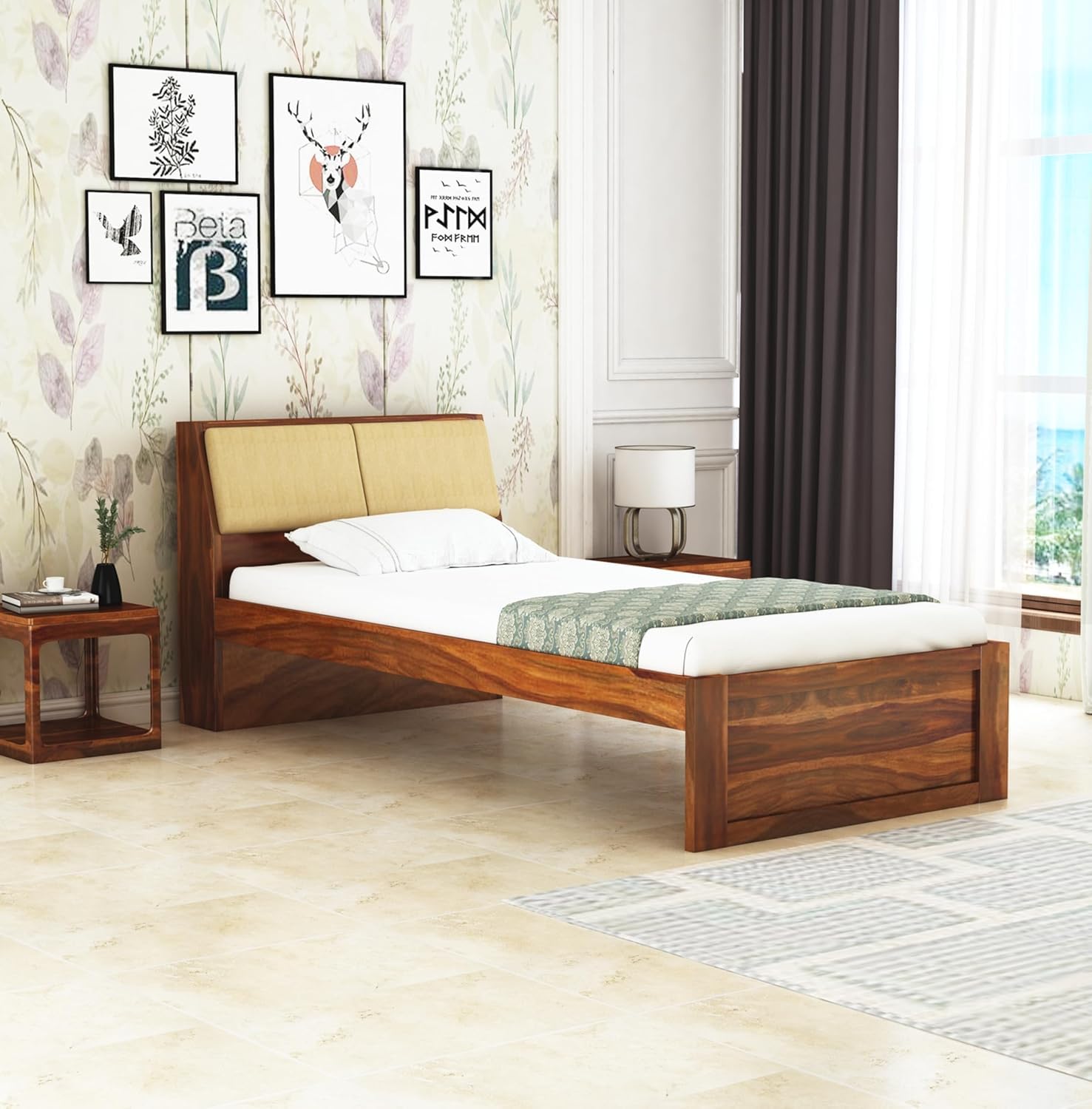 Rukmaajee Solid Sheesham Wood Single Bed Without Storage Wooden Single