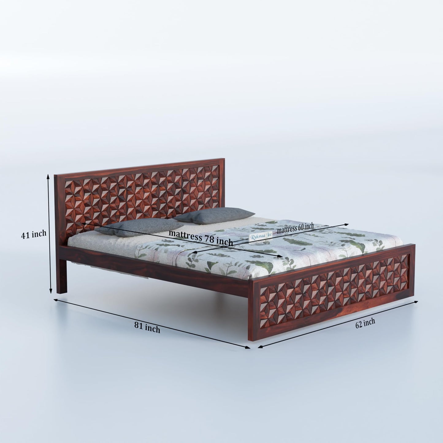 Rukmaajee Solid Sheesham Wood Queen Bed | Artistic 3D Headboard Design