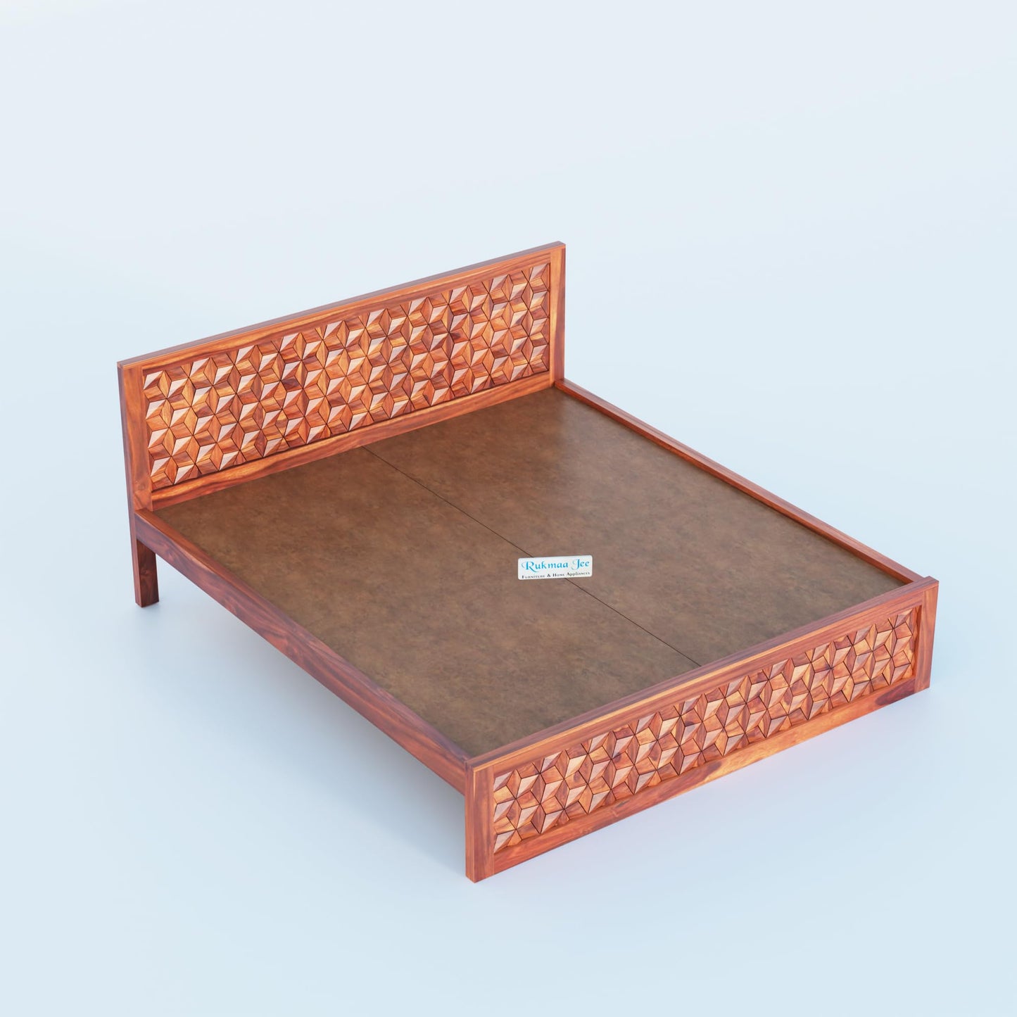 Solid Sheesham Wood Queen Bed by Rukmaajee | 3D Carved Headboard