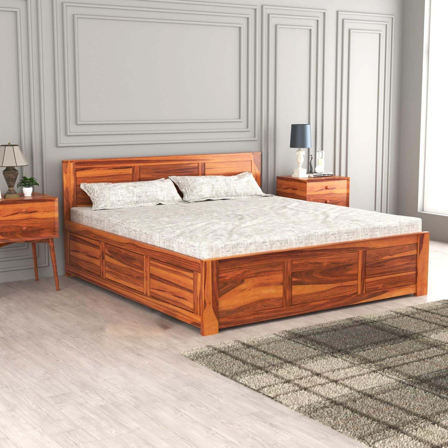 Rukmaajee Solid Sheesham Wood Queen Size Bed with Box Storage for