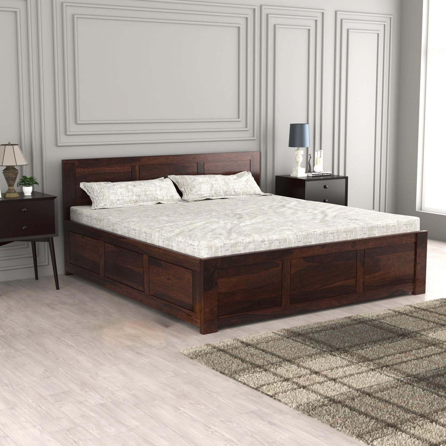 Rukmaajee Solid Sheesham Wood Queen Size Bed with Box Storage for