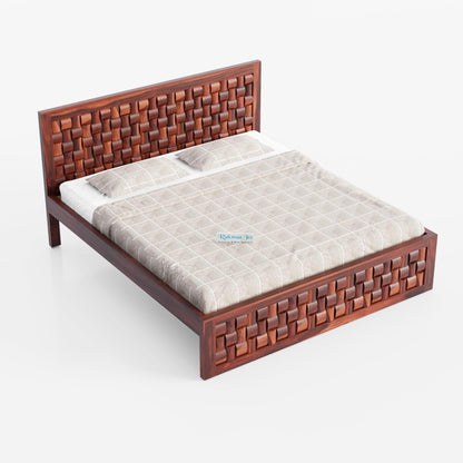 Rukmaajee Queen Size Bed in Solid Sheesham Wood | Art Honey Finish