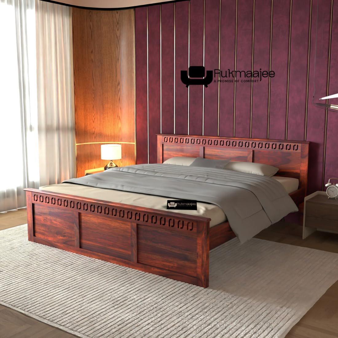 Rukmaajee Solid Sheesham Wood Queen Size Bed, Walnut Premium Finish,