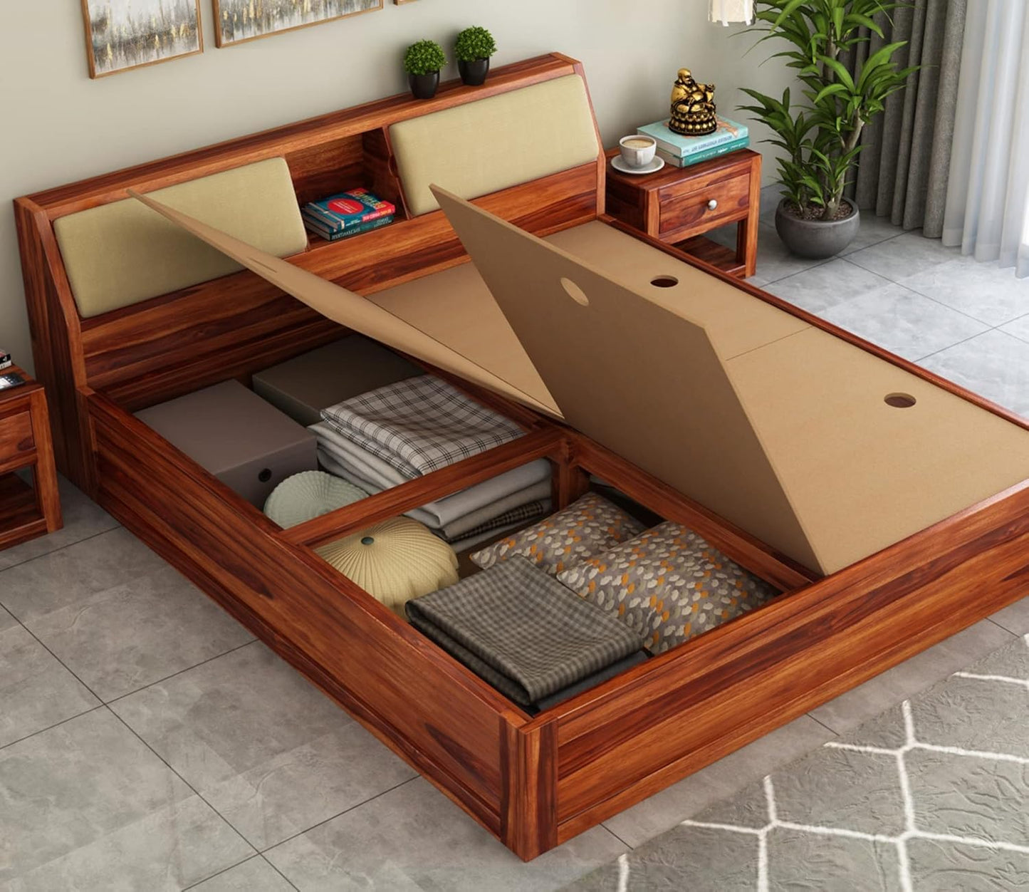 Rukmaajee Sheesham Wood King Size Bed with Box Storage Wooden Double