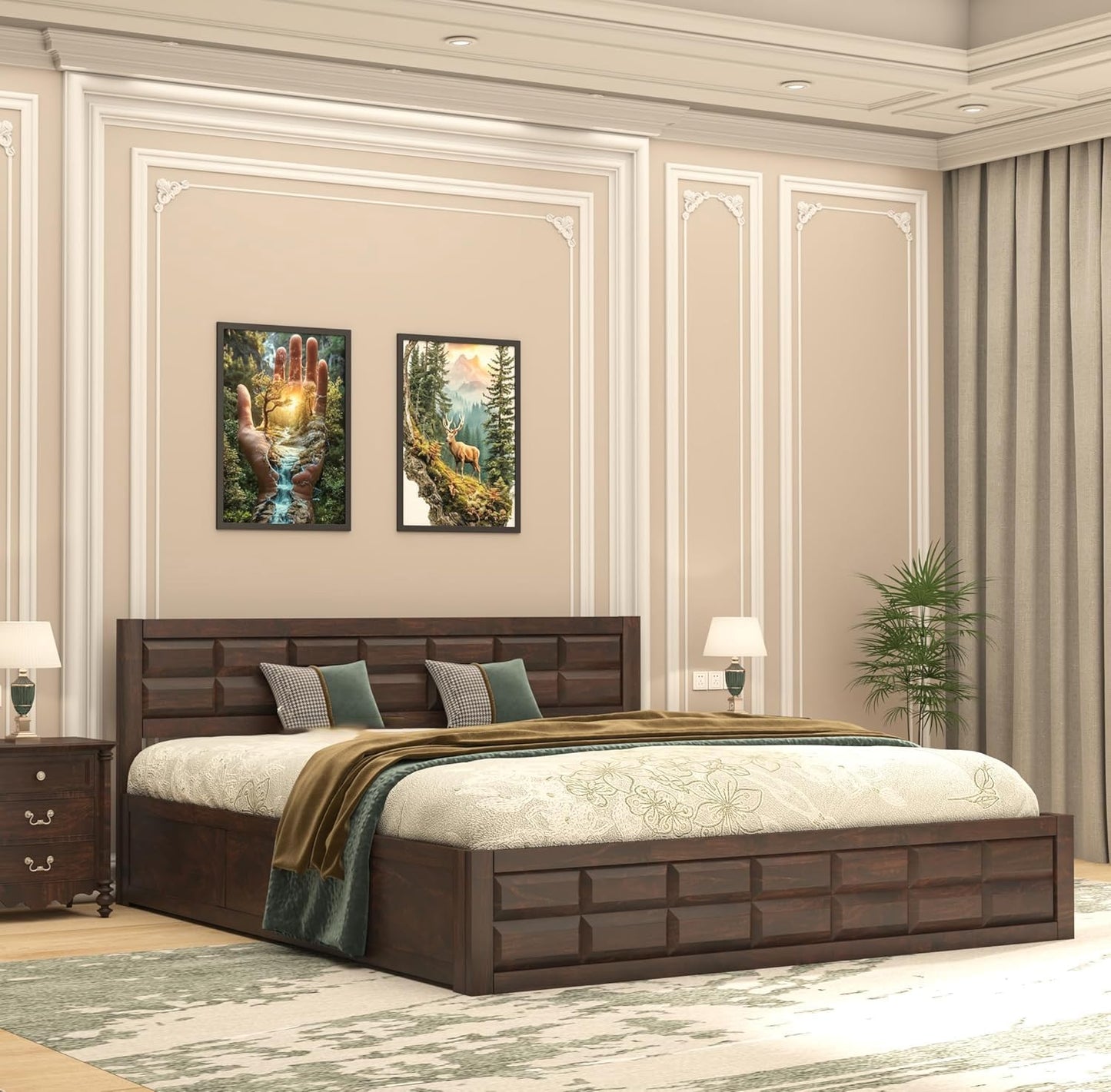 Rukmaajee Sheesham Wood King Size Bed with Box Storage, Wooden Double