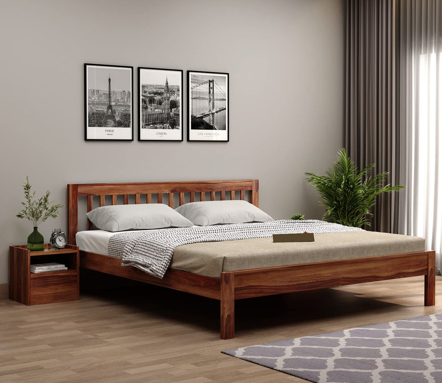 Rukmaajeee Sheesham Wood King Size Bed Without Storage | Wooden Double
