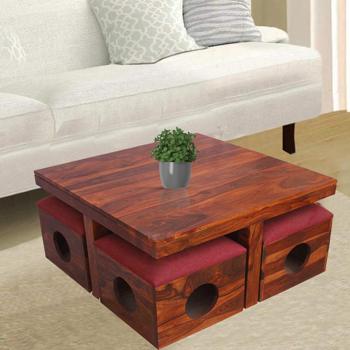 Rukmaajee Furniture Four Stool & Table Robotic Coffee Table in Natural