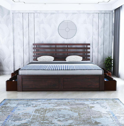 Rukmaajee Solid Sheesham Wood Queen Size Strap Bed with 4 Drawers