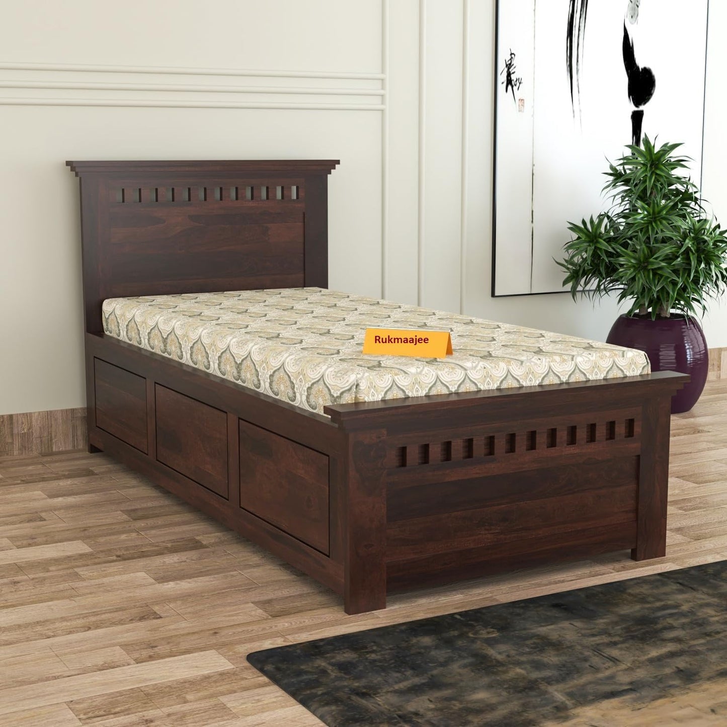 Rukmaajeee Solid Sheesham Wood Single Bed with Box Storage | Wooden