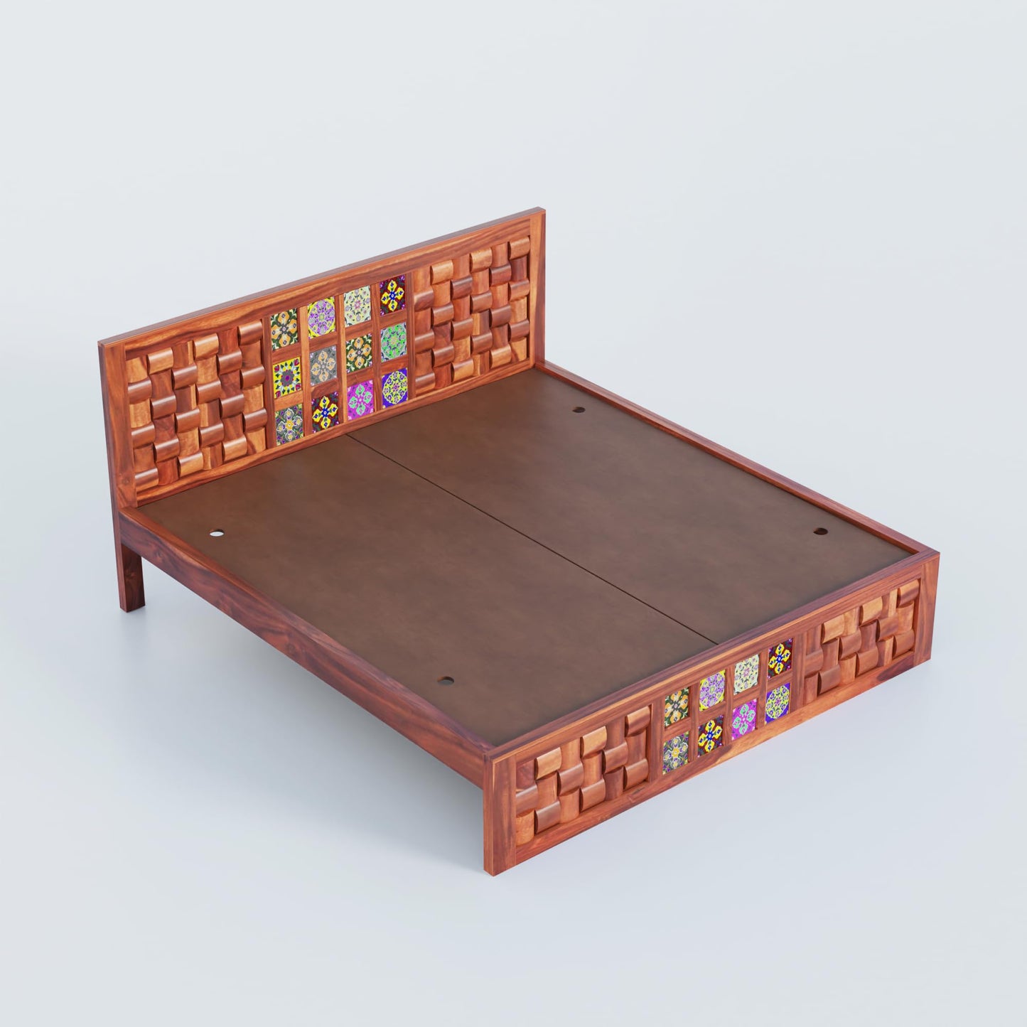 Rukmaajee Solid Sheesham Wood King Size Bed | Niwar Tile Headboard