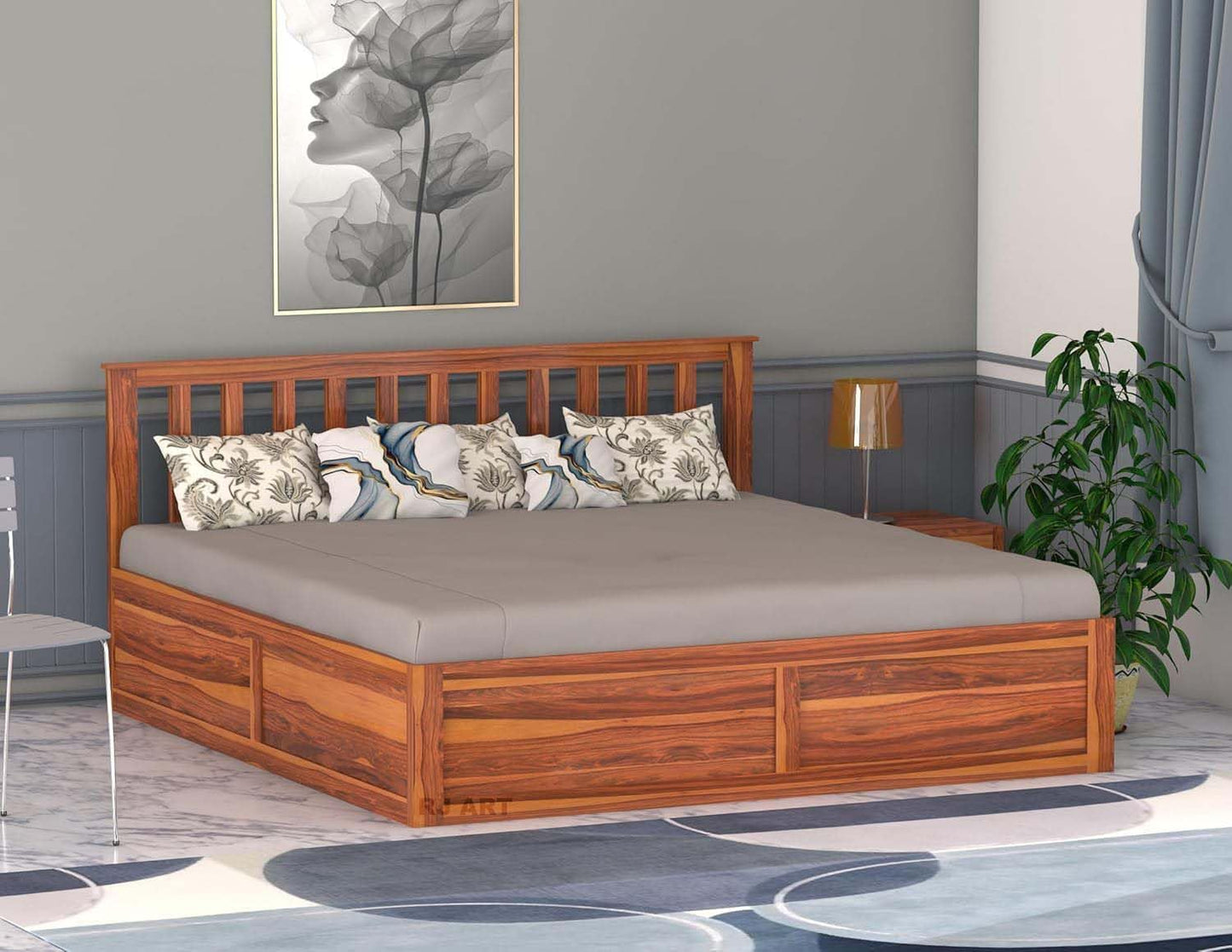 Rukmaajee Sheesham Wood King Size Bed with Storage | Solid Wood Box