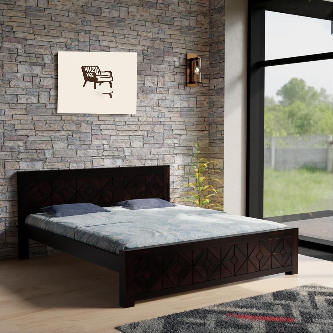 Rukmaajee Sheesham Wood Queen Size Bed Without Storage Solid Wooden