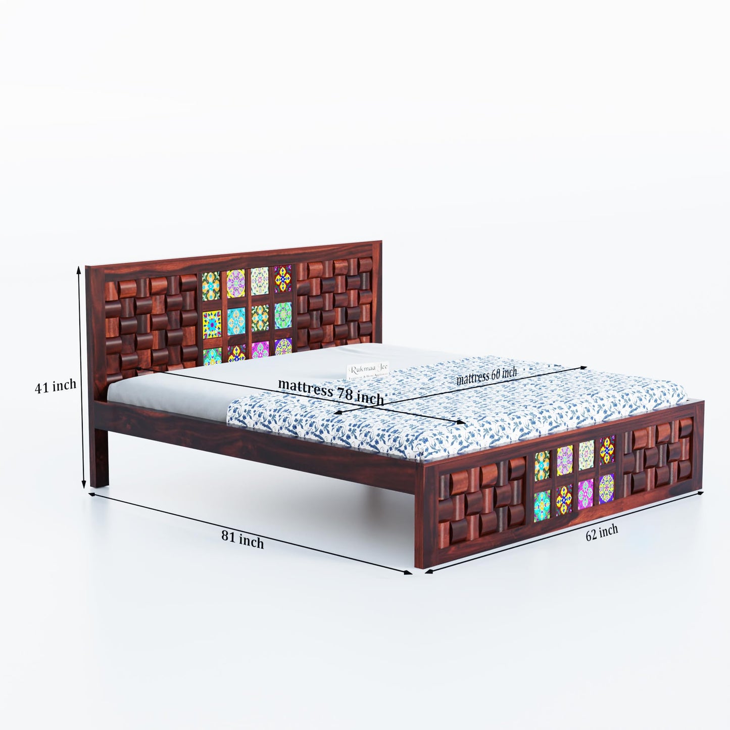 Rukmaajee Queen Size Bed in Solid Sheesham Wood | Artistic Niwar Tile