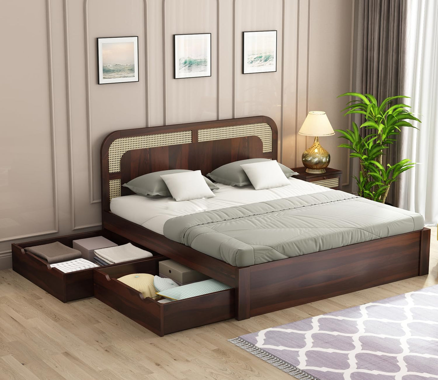 Rukmaajeee Solid Sheesham Wood King Size Bed with Storage | Wooden