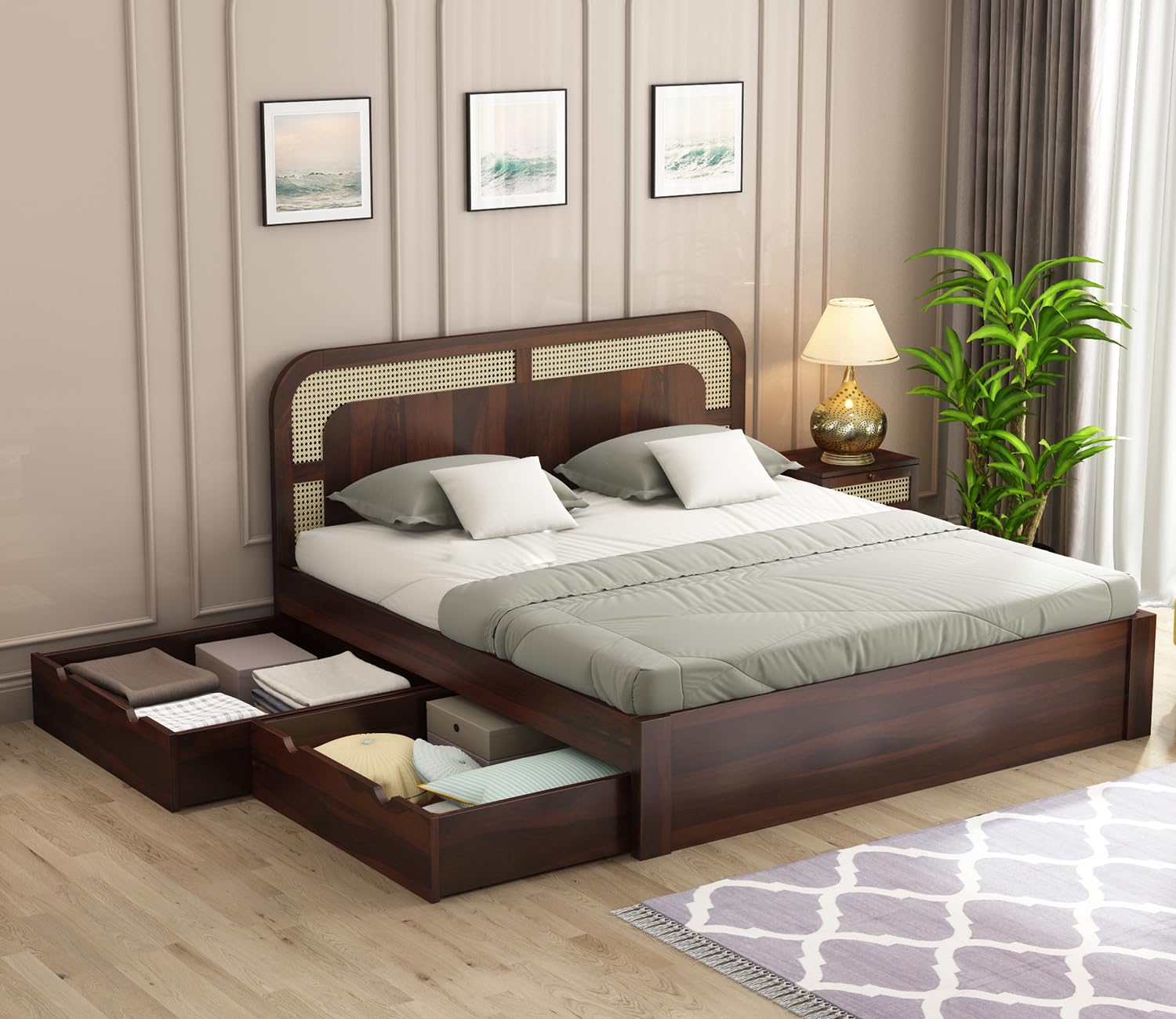 Rukmaajeee Solid Sheesham Wood King Size Bed with Storage | Wooden