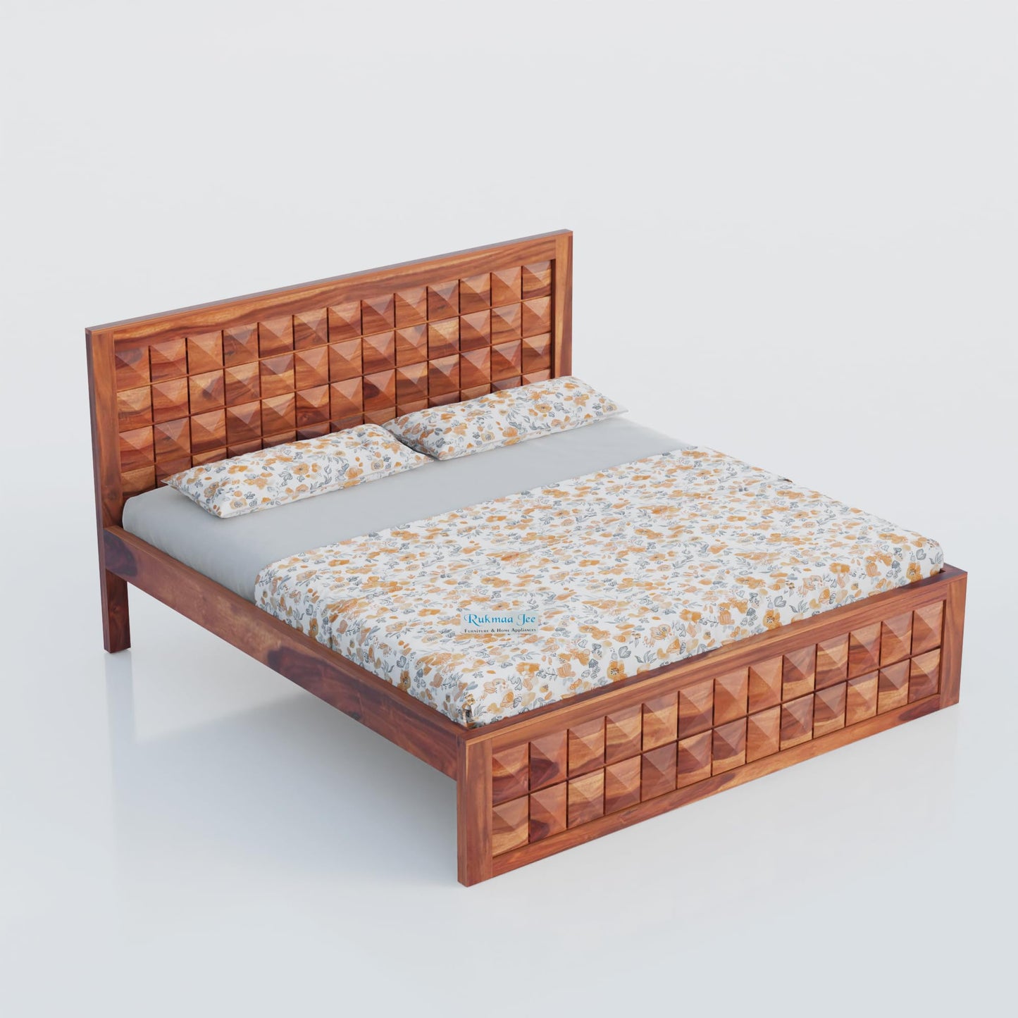 Rukmaajee Queen Size Bed in Solid Sheesham Wood | Honey Premium Finish