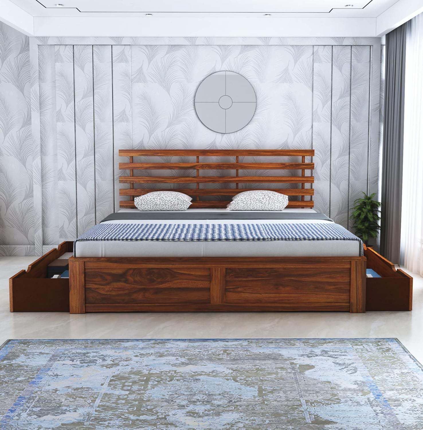 Rukmaajee Sheesham Wood Queen Size Bed with 2 Drawers Storage for