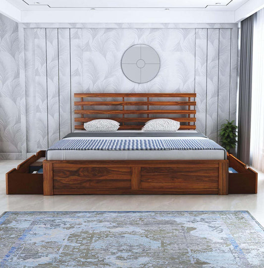 Rukmaajee Sheesham Wood Queen Size Bed with 2 Drawers Storage for