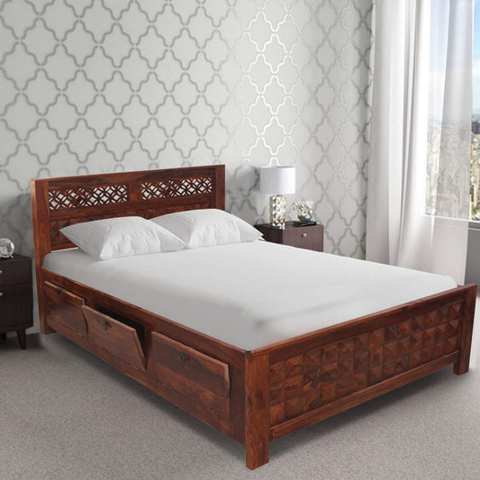 Rukmaajee Furniture Flora with Diamond Bed in Natural Solid Wood with