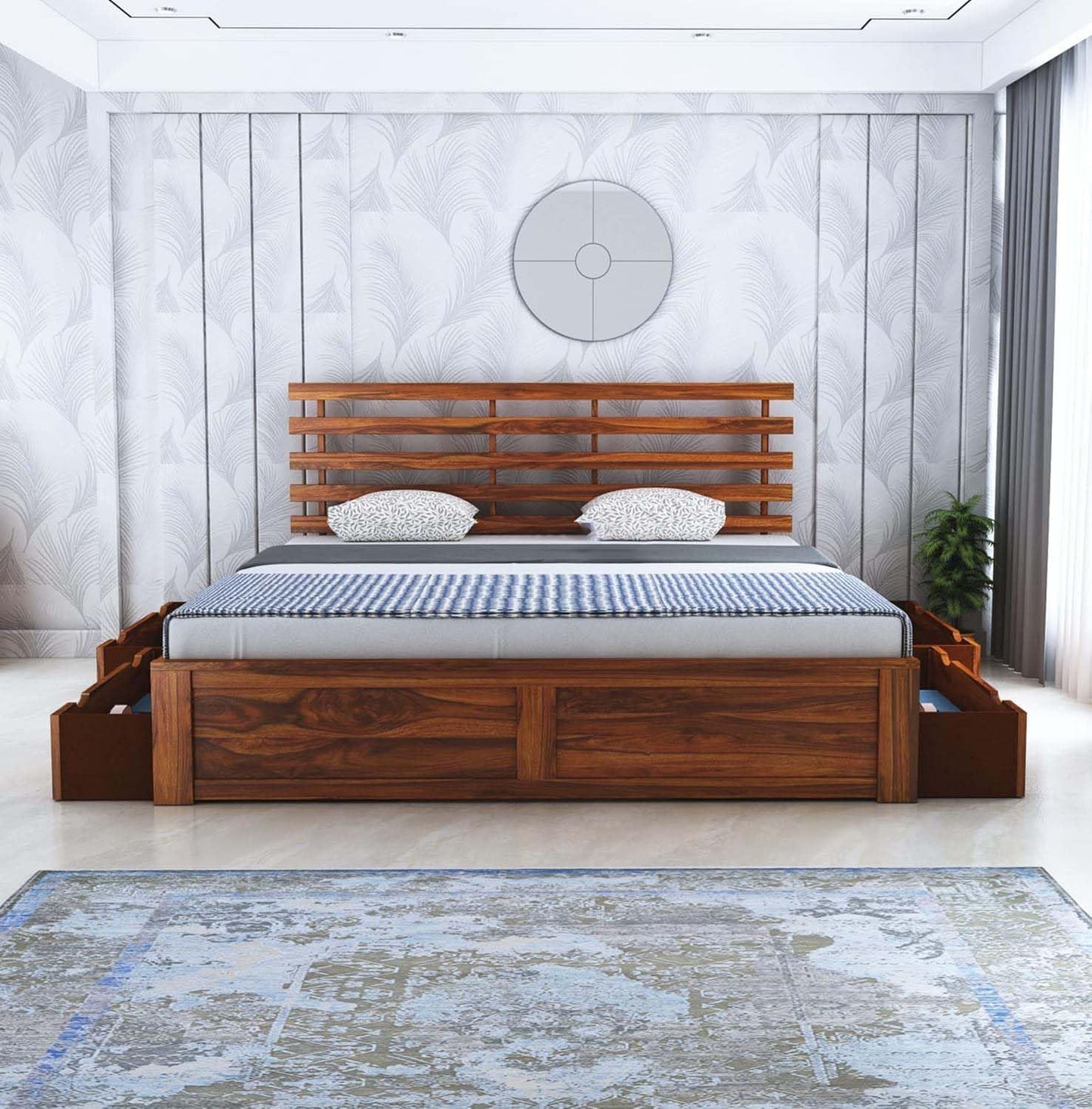 Rukmaajee Solid Sheesham Wood Queen Size Bed with 4 Drawers Storage