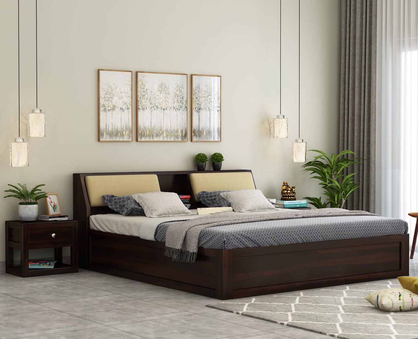 Rukmaajee Sheesham Wood King Size Bed with Box Storage Wooden Double