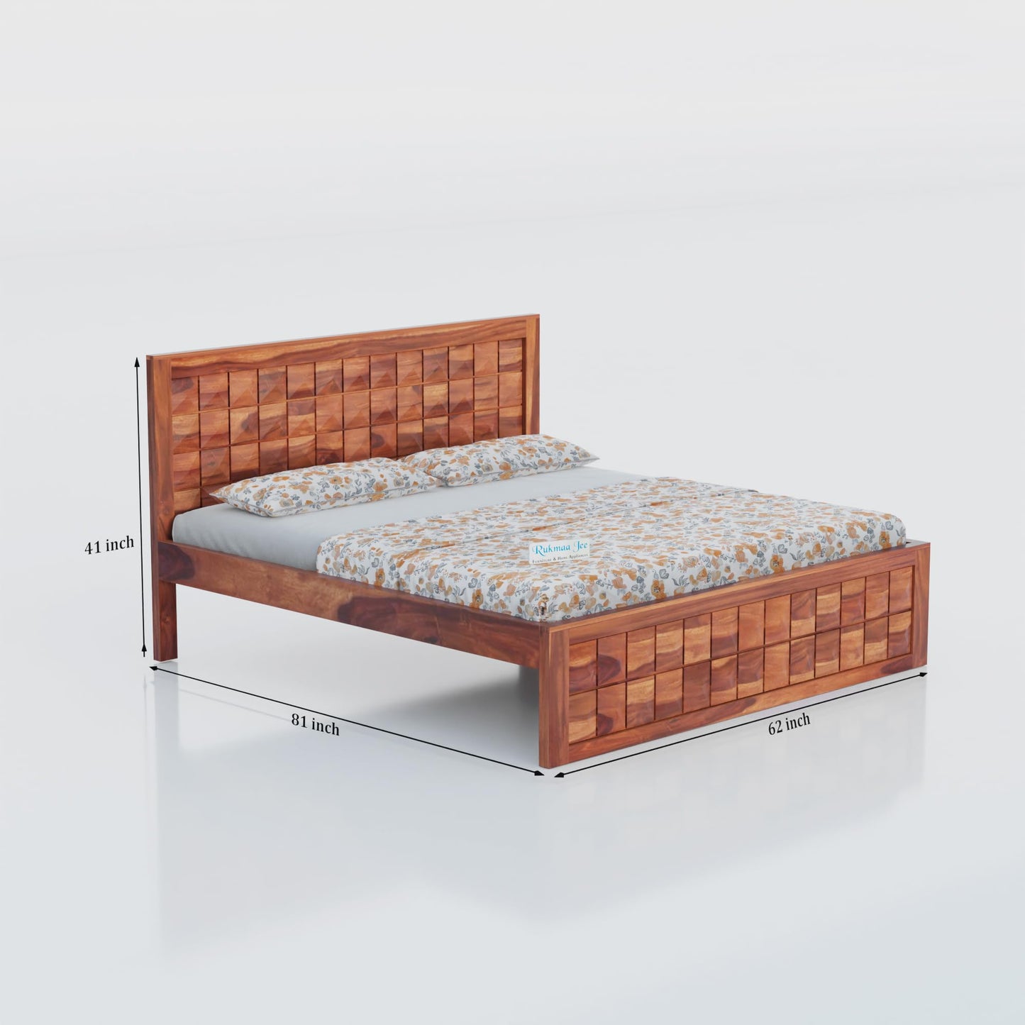 Rukmaajee Queen Size Bed in Solid Sheesham Wood | Honey Premium Finish