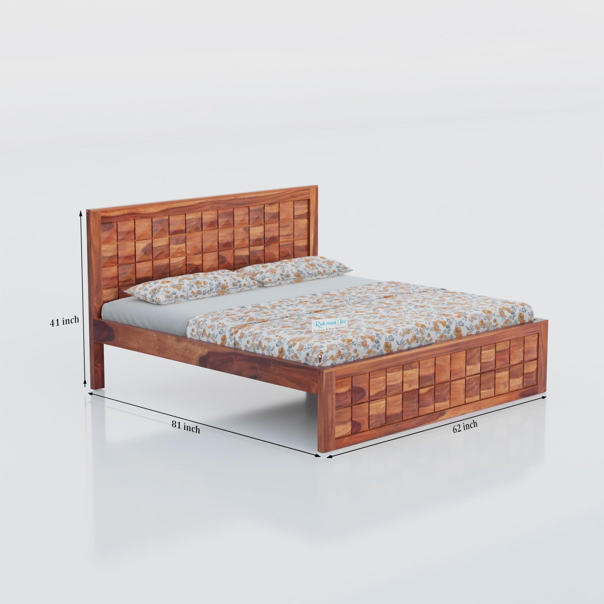 Rukmaajee Queen Size Bed in Solid Sheesham Wood | Honey Premium Finish