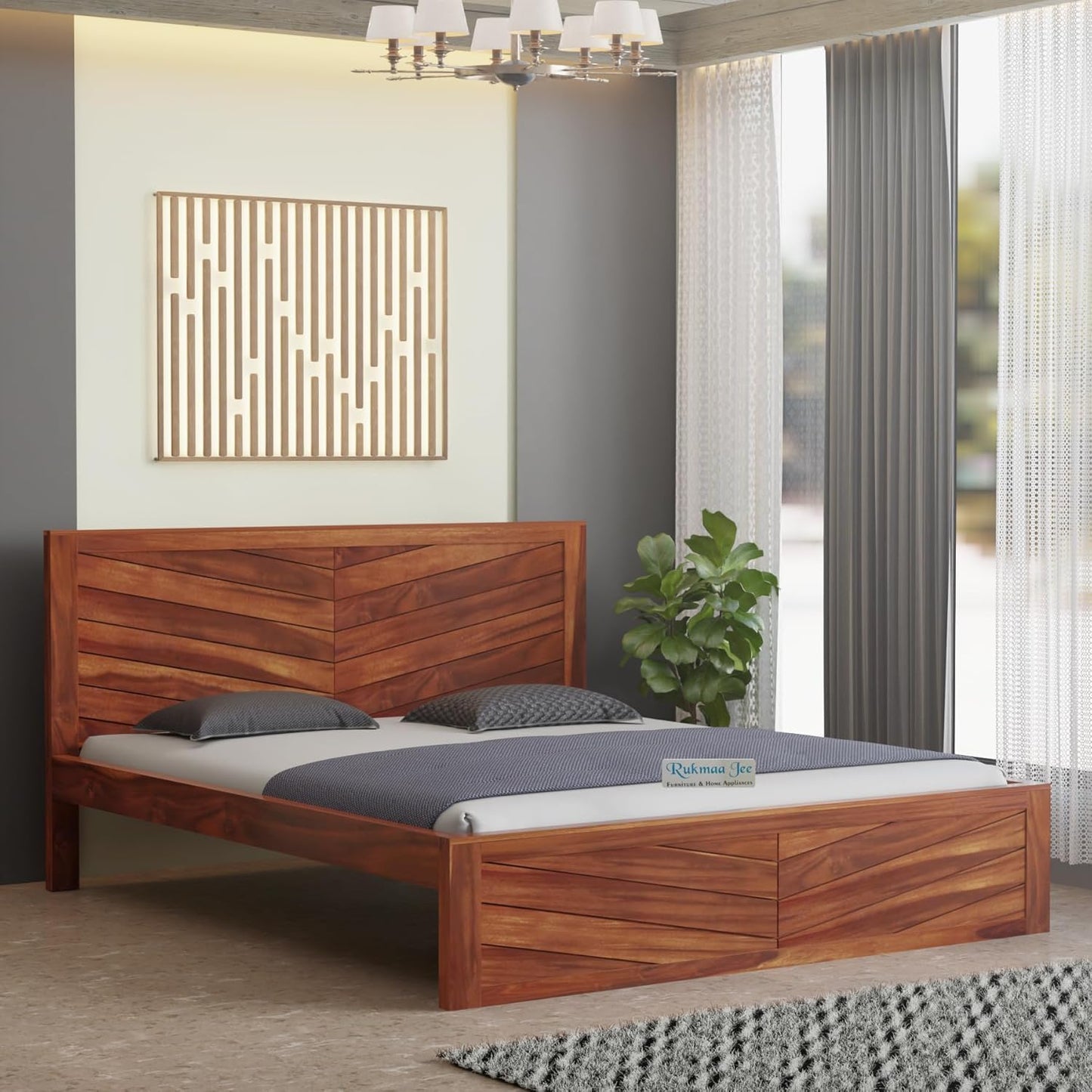 Rukmaajee Solid Sheesham Wood Queen Size Bed Without Storage|Wooden