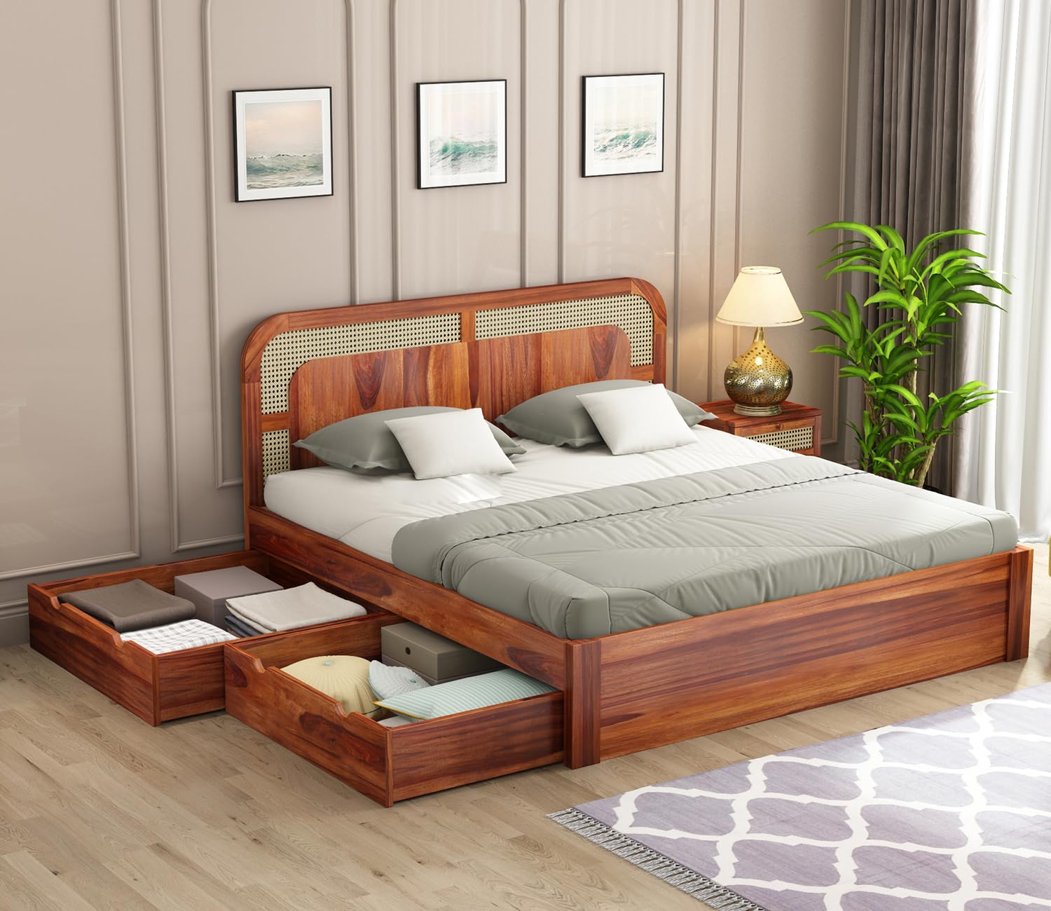 Rukmaajeee Solid Sheesham Wood King Size Bed with Storage | Wooden