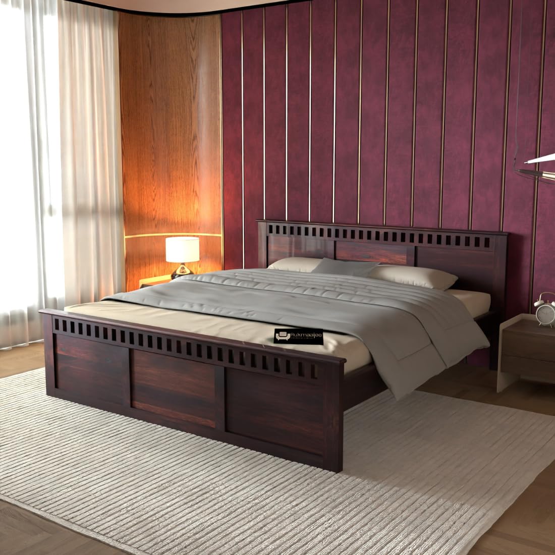 Rukmaajee Solid Sheesham Wood Queen Size Bed, Walnut Premium Finish,