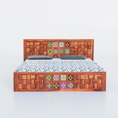 Rukmaajee Solid Sheesham Wood King Size Bed | Niwar Tile Headboard