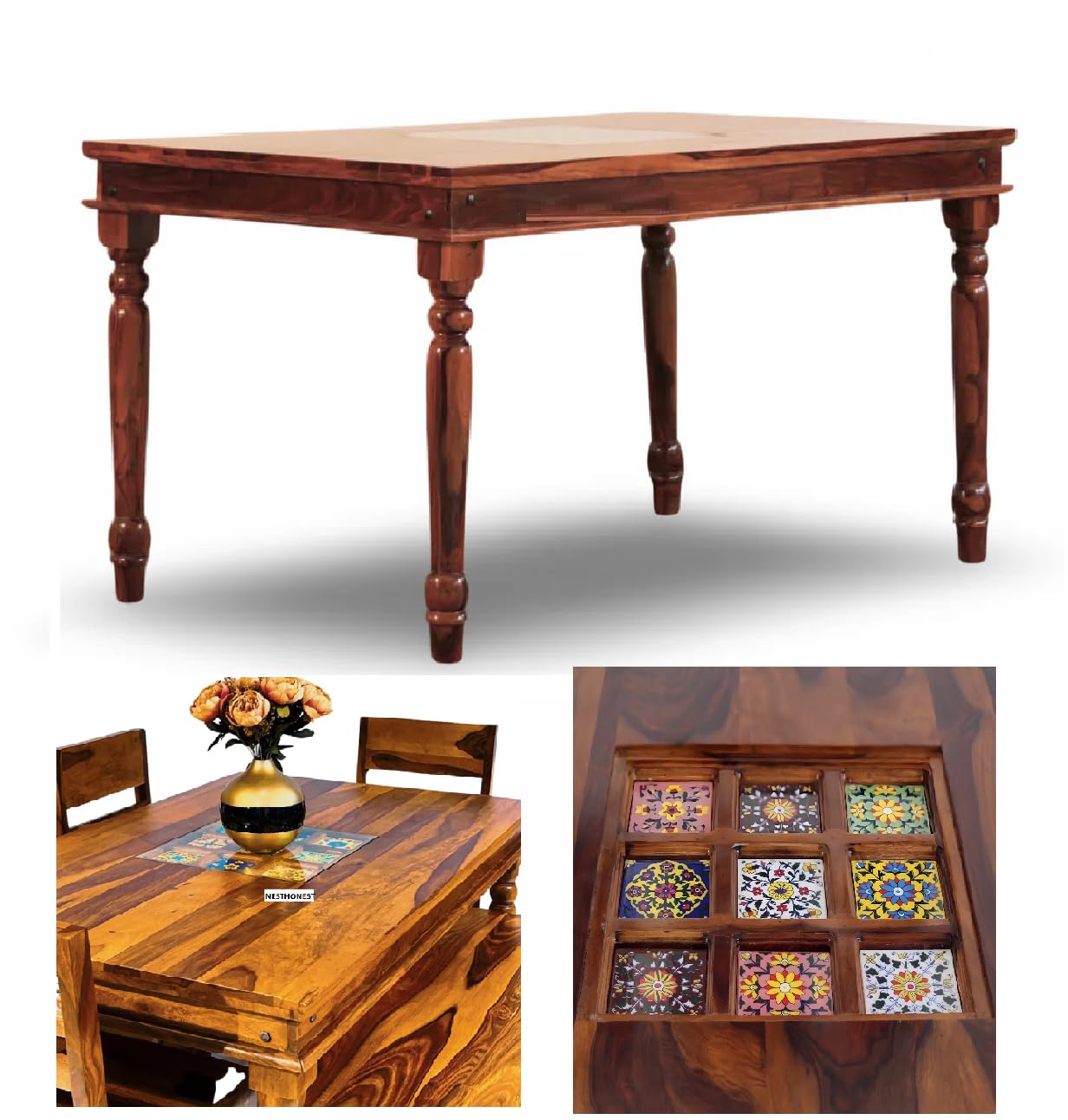 Rukmaajeee Wooden 4-Seater Dining Table | Solid Sheesham Wood Table