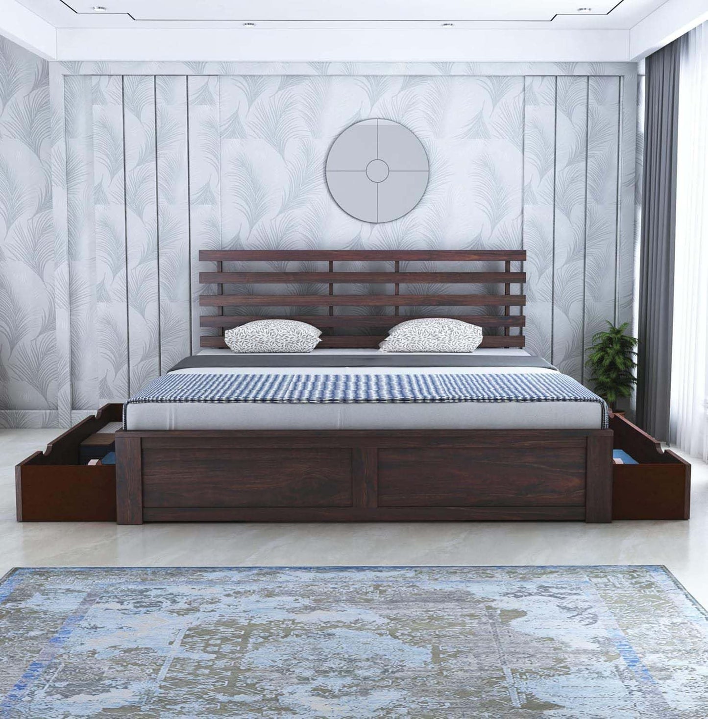 Rukmaajee Solid Sheesham Wood Queen Size Bed with 2 Drawers Storage