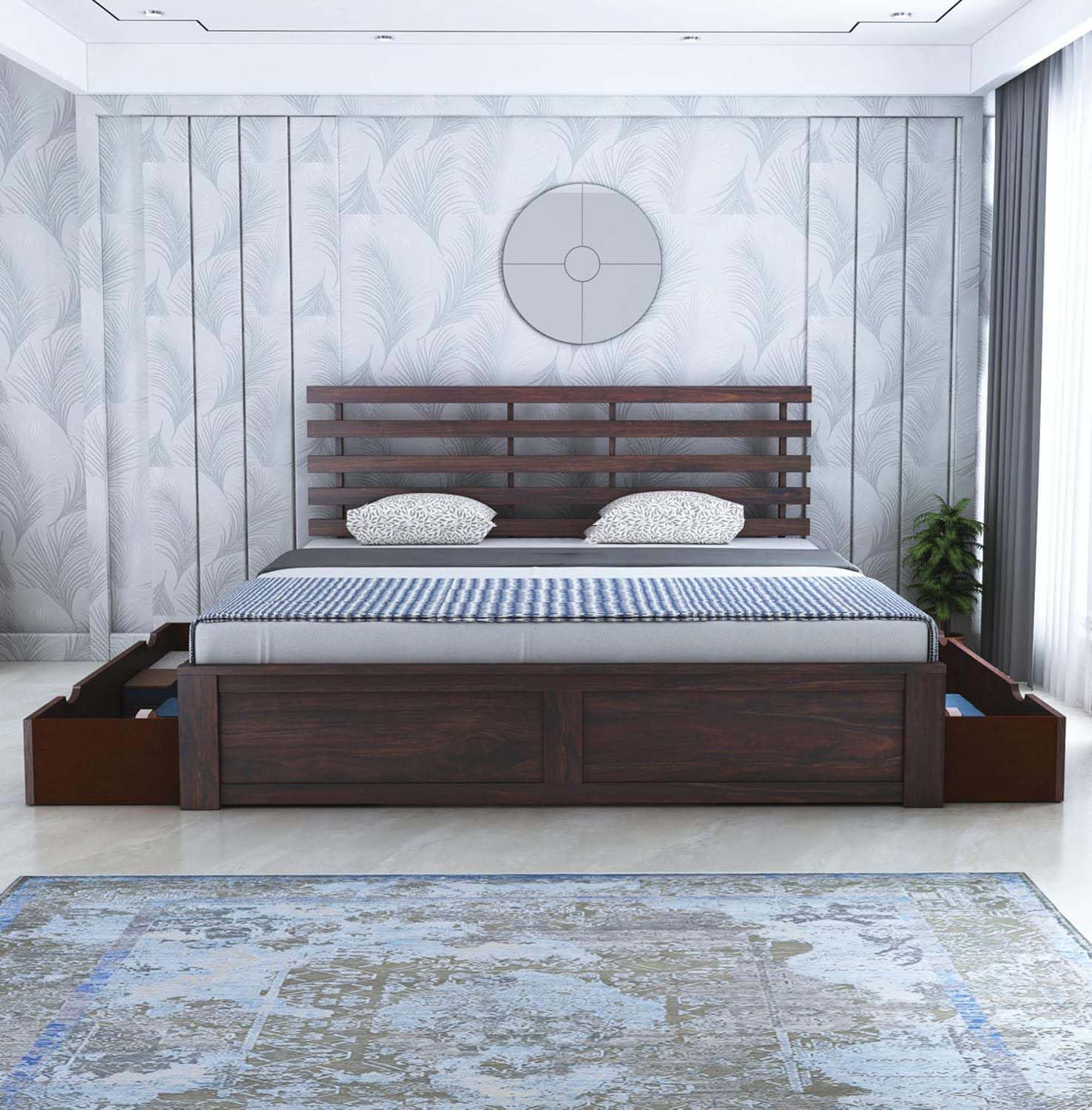 Rukmaajee Solid Sheesham Wood Queen Size Bed with 2 Drawers Storage