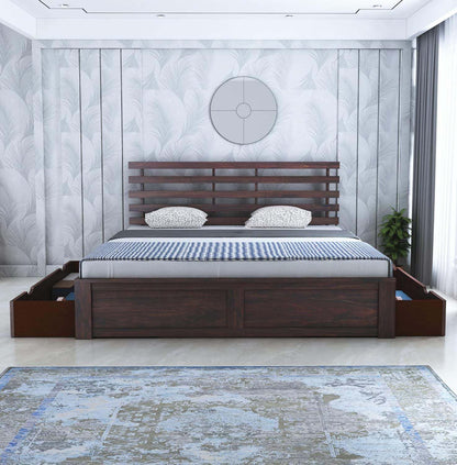 Rukmaajee Solid Sheesham Wood Queen Size Bed with 2 Drawers Storage