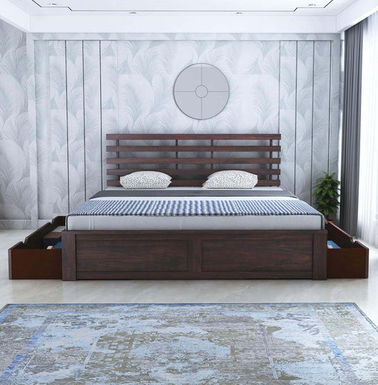 Rukmaajee Solid Sheesham Wood Queen Size Bed with 2 Drawers Storage