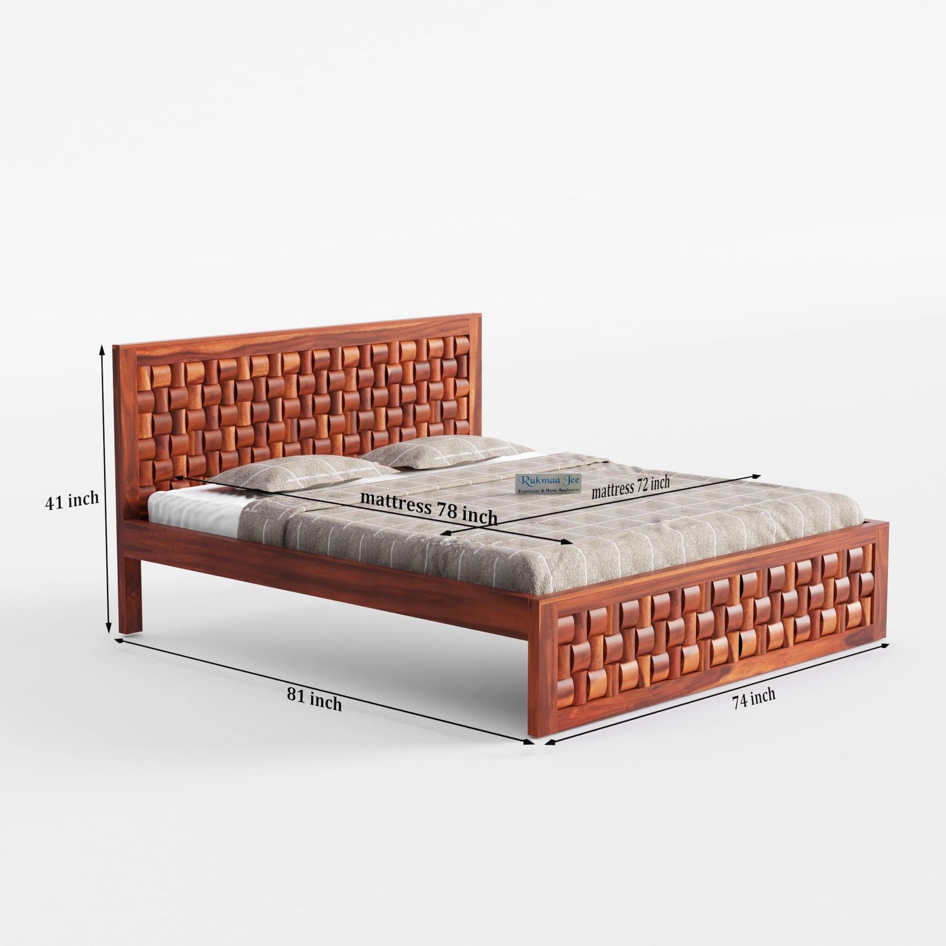 Rukmaajee Solid Sheesham Wood King Size Bed | Honey Finish