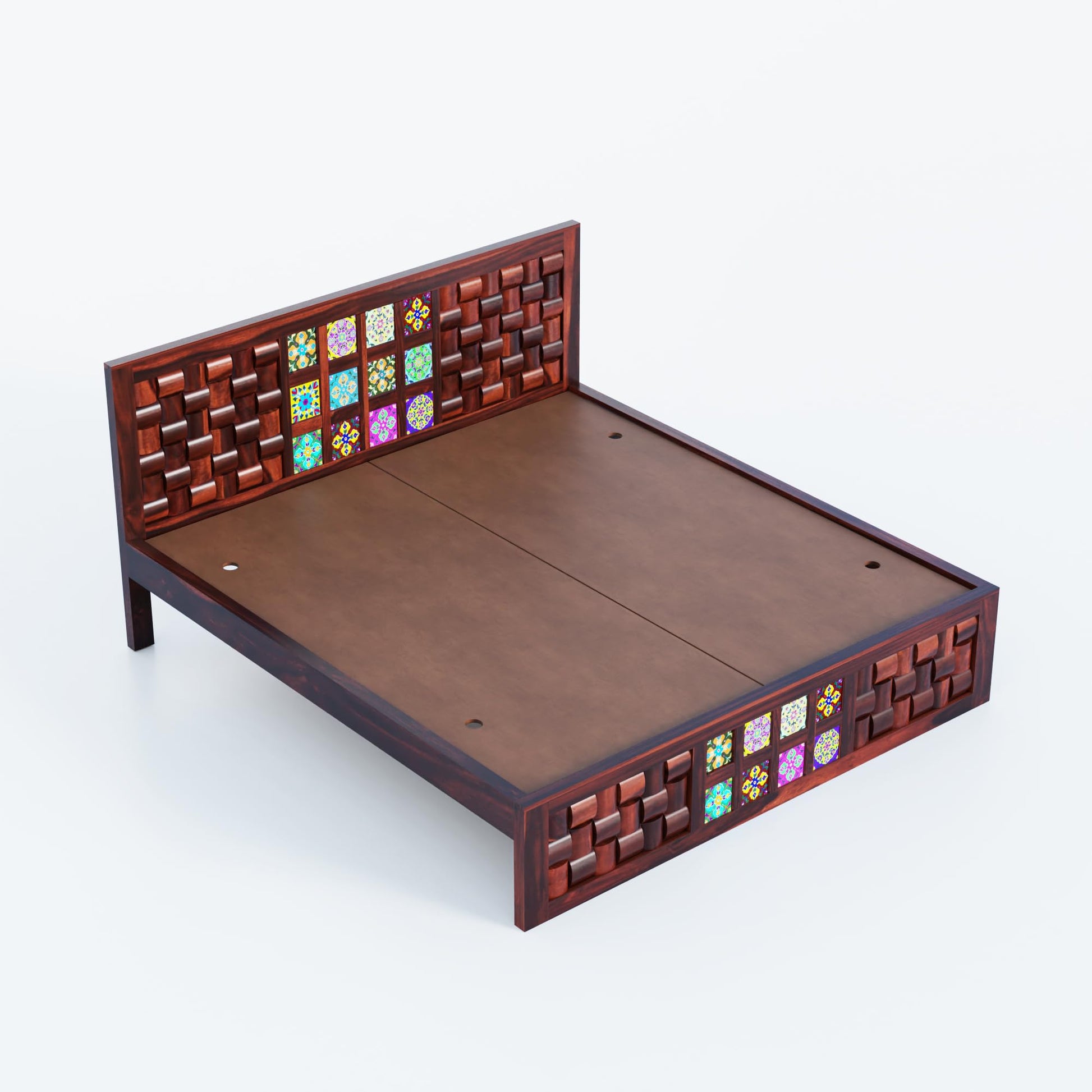 Luxury King Size Bed | Solid Sheesham Wood | Colorful Niwar Tile