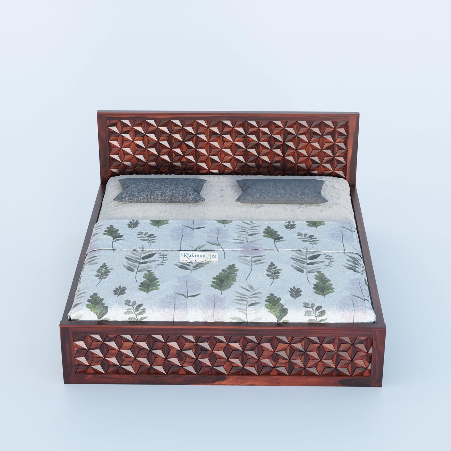 Rukmaajee Solid Sheesham Wood Queen Bed | Artistic 3D Headboard Design