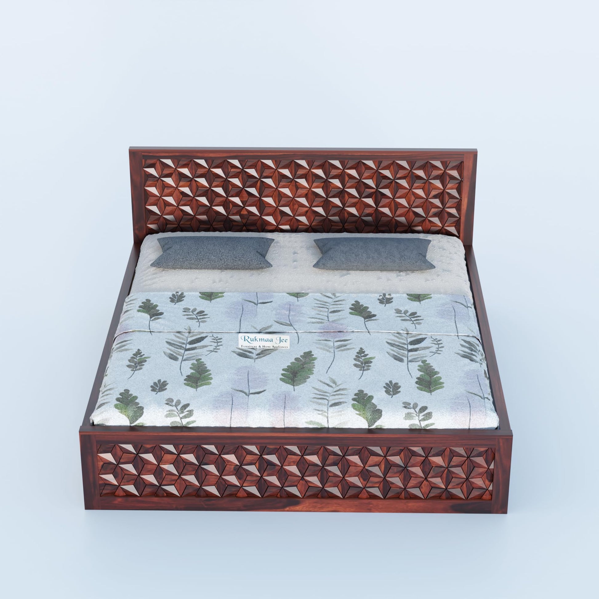 Rukmaajee Solid Sheesham Wood Queen Bed | Artistic 3D Headboard Design