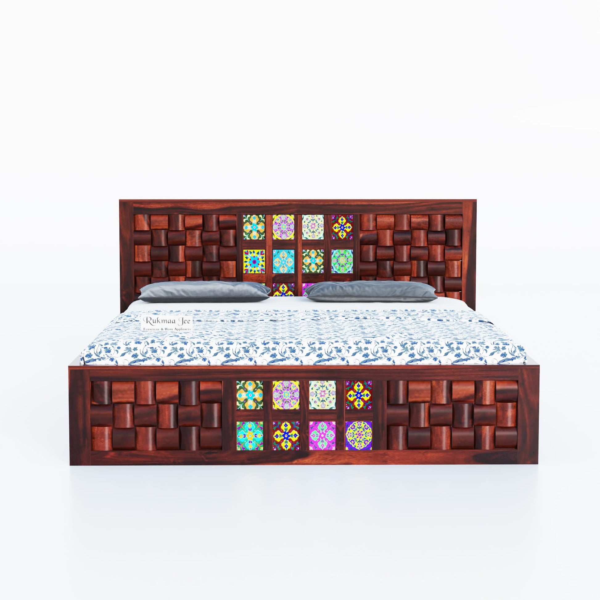 Luxury King Size Bed | Solid Sheesham Wood | Colorful Niwar Tile