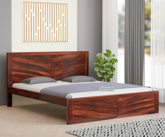 Sheesham Wood King Size Bed with V-Groove Art Design, Art Honey Finish