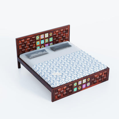 Luxury King Size Bed | Solid Sheesham Wood | Colorful Niwar Tile