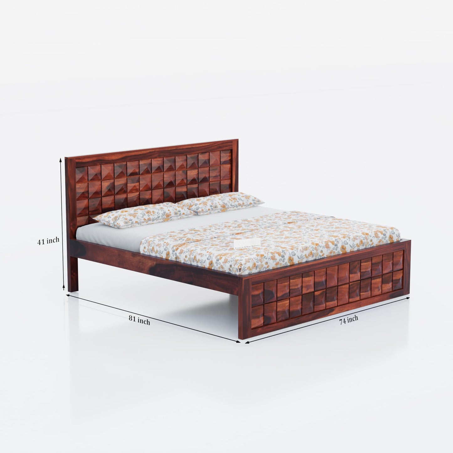 Rukmaajee Solid Sheesham Wood King Size Bed | Diamond Design Headboard