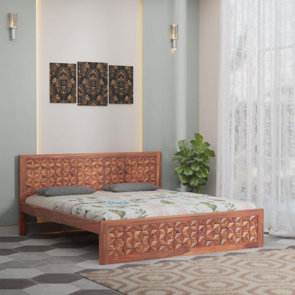 Rukmaajee Solid Sheesham Wood King Size Bed | 3D Headboard Design