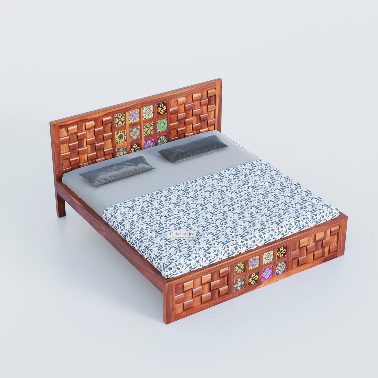 Rukmaajee Solid Sheesham Wood King Size Bed | Niwar Tile Headboard