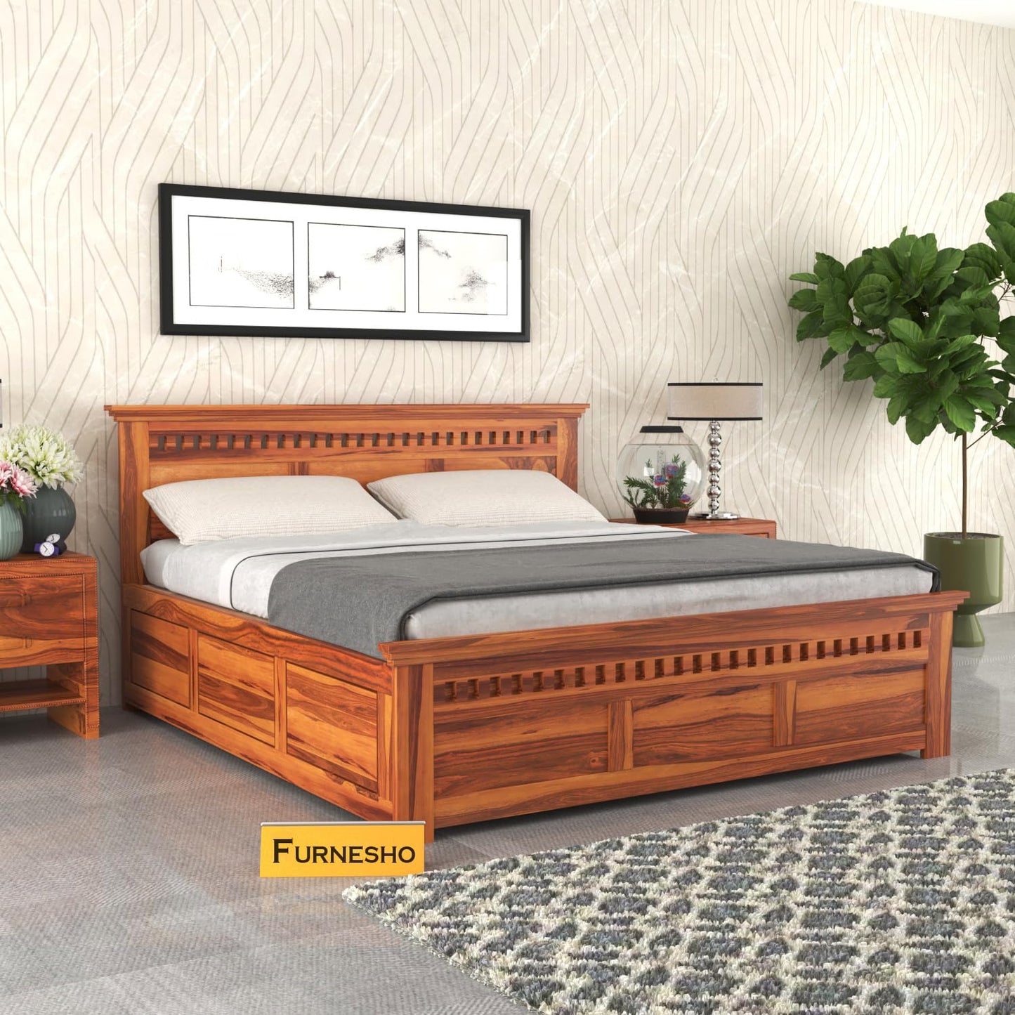 Rukmaajeee Solid Sheesham Wood Armania Queen Size Bed with Box Storage